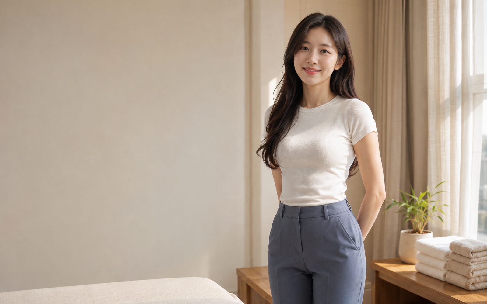 서울 송파 방문 홈케어를 안내하는 젊은 성인 한국 여성 관리사